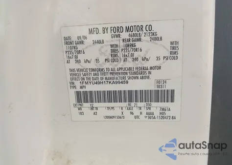 2007 Ford Escape Hybrid z USA, uszkodzony, nr VIN 1FMYU49H17KA99459